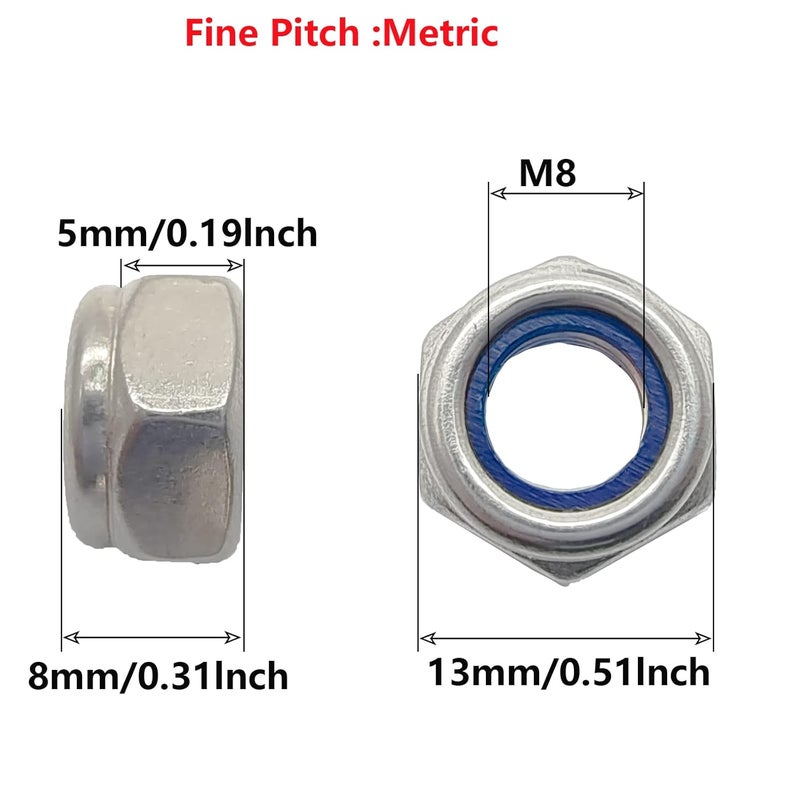 DGZ 10 Pcs M8 x 1.0mm Metric Fine Thread Nylon Insert Lock Nut, 304 Stainless Steel Non-Slip Self-Locking Nut - Image 2